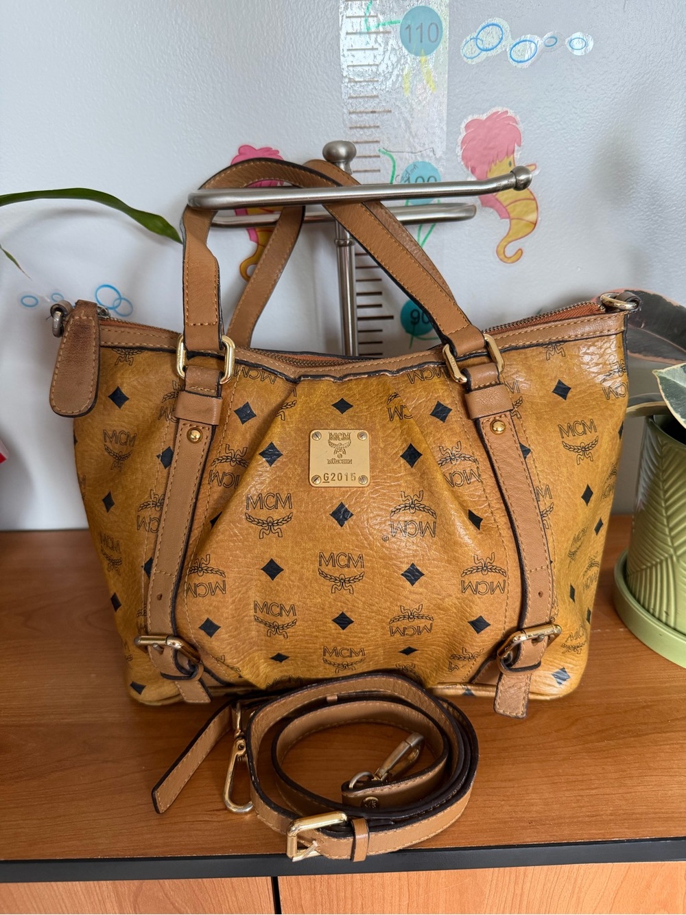 MCM Cognac Visetos Print Leather Shoulder Bag with Gold Hardware